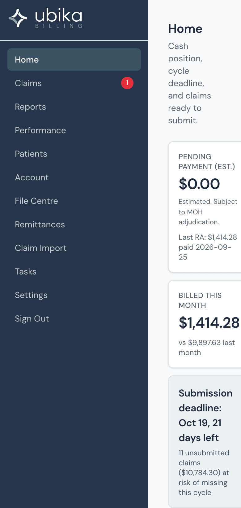 The dashboard on a phone: recent patients with Day 2 rounding and Discharge actions